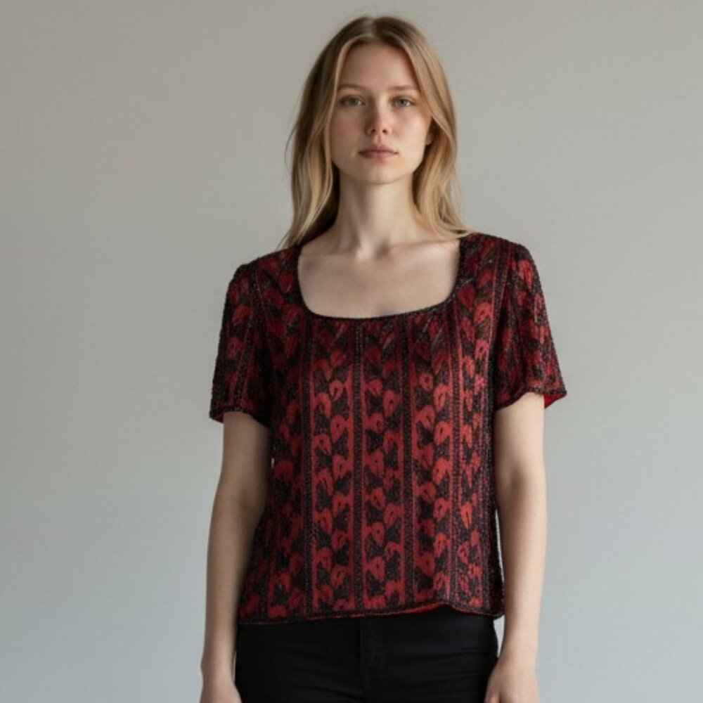 Vintage Laurence Kazar Top 1X Red Black Bead Whimsigoth Evening Romantic‎